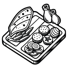 Monochrome tray shows fillet, salad, and condiments presented in an isometric and line style