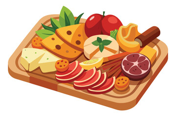 Isometric charcuterie board features cheese, salami, fruits, lemon slice, vegetables and chocolate on light background