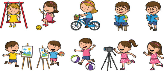 Happy kids playing, painting, reading, cycling, and enjoying outdoor activities, education, and creativity – cartoon children illustration on white background.