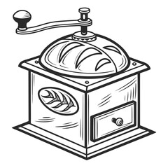 The black and white sketch showcases a vintage square coffee grinder with a handle