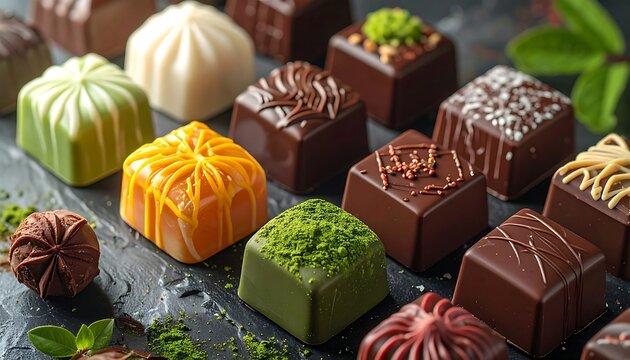Assorted chocolates arranged on slate
