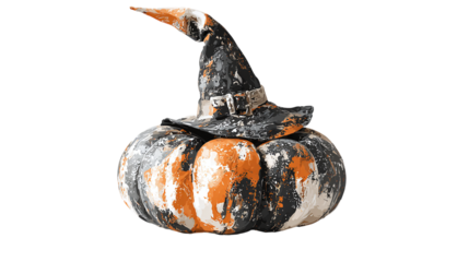 Artistic painted pumpkin in brushstroke style with witch hat, creative Halloween illustration, isolated on transparent background 