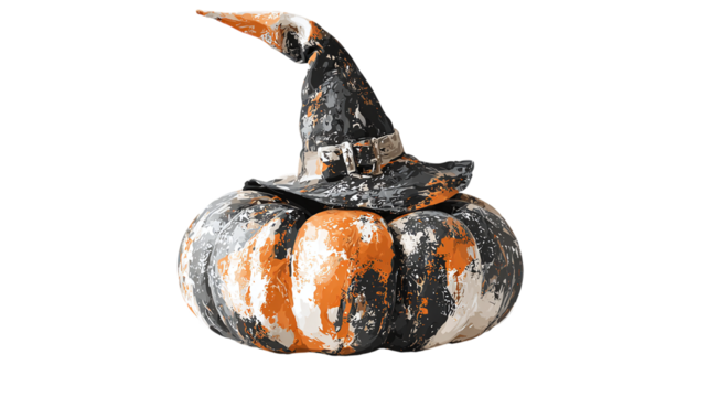 Artistic painted pumpkin in brushstroke style with witch hat, creative Halloween illustration, isolated on transparent background 