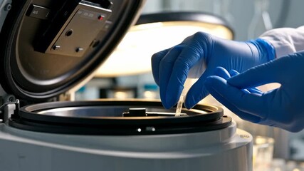 Scientist in blue gloves placing sample tube into laboratory centrifuge for analysis - Powered by Adobe