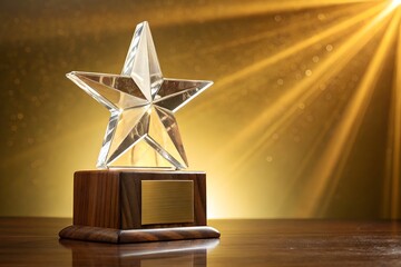 A shining Crystal Star Trophy: A close-up photograph of a gleaming crystal star trophy, meticulously crafted and set on a sophisticated wooden base.