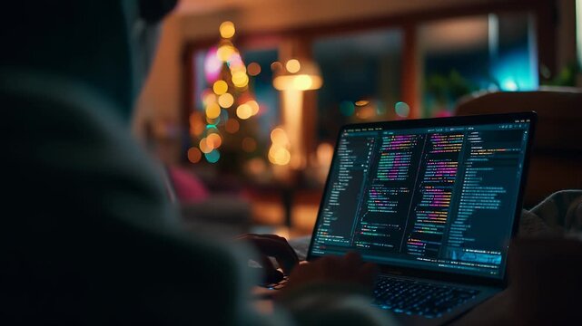 Programmer writing code, developer typing scripts. Coder debugging bugs, hacker engineer coding functions. Developer concentrating deeply, always working, typing, coding, debugging every task.