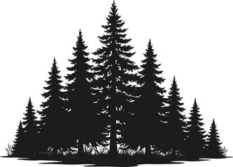 Art & IllustrationSilhouette of pine trees in dense forest, nature landscape, evergreen woodland scene, black and white vector illustration, wilderness design