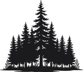 Art & IllustrationSilhouette of pine trees in dense forest, nature landscape, evergreen woodland scene, black and white vector illustration, wilderness design