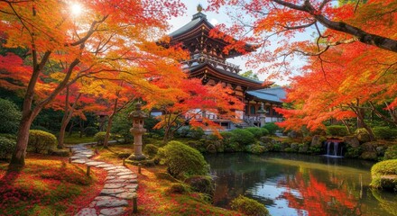 A serene traditional temple structure with multiple tiered roofs stands amidst a vibrant autumn garden featuring a stone path colorful maple trees and a reflective pond