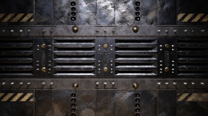 Naklejka premium Industrial Metal Wall Texture: A close-up shot of a textured industrial metal wall, showcasing riveted panels, vents, and warning stripes, creating a gritty and abstract pattern.