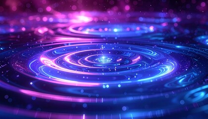 Fototapeta premium Dynamic abstract background with radiating blue and purple neon light ripples and shimmering particles, evoking futuristic digital energy and data streams