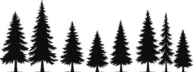Art & IllustrationSilhouette of pine trees, evergreen forest illustration, black spruce tree set on white background, nature landscape graphic, vector art