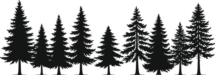 Art & IllustrationSilhouette of pine trees, evergreen forest illustration, black spruce tree set on white background, nature landscape graphic, vector art
