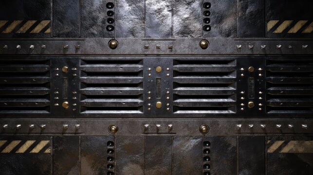 Industrial Metal Wall Texture: A close-up shot of a textured industrial metal wall, showcasing riveted panels, vents, and warning stripes, creating a gritty and abstract pattern.