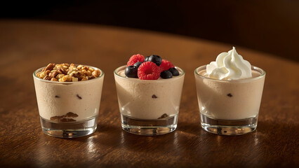 Assorted vanilla mousse desserts in glass cups topped with nuts, fresh berries, and whipped cream on wooden table
