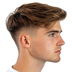 Obraz premium Young Man with Stylish Haircut Posing in Profile, Casual Attire and Neutral Background for Fashion and Grooming Themes transparent background
