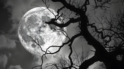 Eerie full moon shining through bare branches creating a spooky, mysterious night atmosphere for Halloween designs
