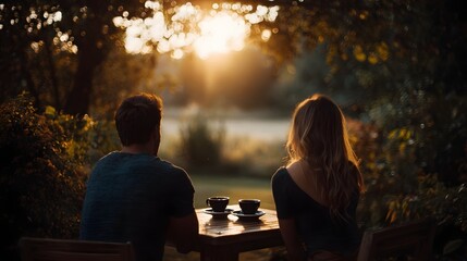 A couple enjoys coffee at an outdoor table during a serene golden hour bathed in warm sunlight