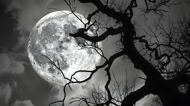 Eerie full moon shining through bare branches creating a spooky, mysterious night atmosphere for Halloween designs