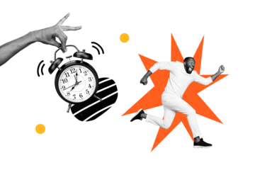 Composite collage picture image of running away businessman scared clock time deadline fantasy billboard comics zine minimal