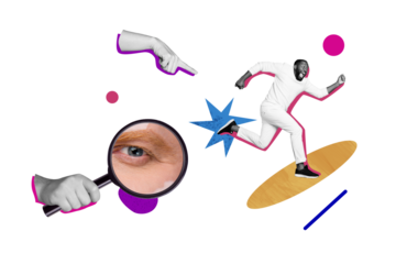 Composite photo collage of happy american man run spy eyeball stalker look enlarger zoom observer vision isolated on painted background