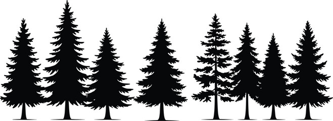 Art & IllustrationSilhouette of pine trees, evergreen forest illustration, black spruce tree set on white background, nature landscape graphic, vector art