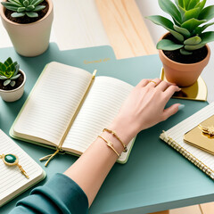 Open notebook with a woman’s hand over it, surrounded by cactus pots, creating a cozy, productive home workspace with natural accents.