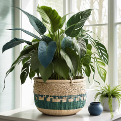 Beige and blue ash round pot with an indoor plant placed near a window, adding natural light and modern cozy vibes to home interiors.