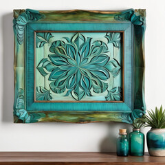 Blue frame with oriental patterns hanging on a wall, adding artistic and stylish decor to modern, cozy home interiors.
