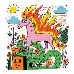 hand drawn illustration of the animal symbols of 2025 and 2025 - green snake and fire horse