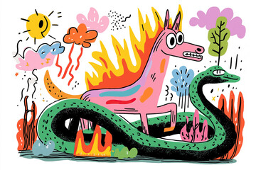 hand drawn illustration of the animal symbols of 2025 and 2025 - green snake and fire horse