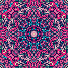 Vibrant and intricate psychedelic mandala pattern in pink, magenta, and teal hues with a symmetrical, floral-like design.