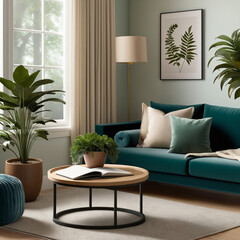 Living room with dark blue tones and olive green pillows, combining modern style and cozy comfort for a stylish, inviting home interior.