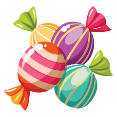 Four colorful striped candies are grouped together with tied wrappers on a white backdrop