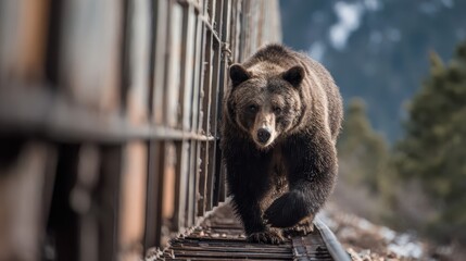Majestic Grizzly Bear: A powerful grizzly bear strides confidently along a railway track, its presence commanding attention amidst a backdrop of scenic natural beauty.