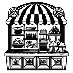 Naklejka premium Elaborate black and white concession stand displays various treats beneath a striped awning