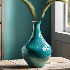 Blue round vase holding feathery wheat-like plants, adding a soft, natural accent to modern interiors and cozy home decor.
