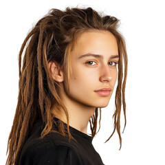 Young Individual with Dreadlocks Against a Clean Background in a Studio Setting, Portraiture Focus on Hair and Expression transparent background