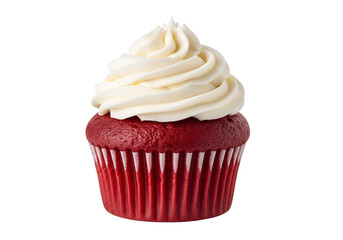 A rich red velvet cupcake with a generous swirl of creamy white frosting sits against a black backdrop.