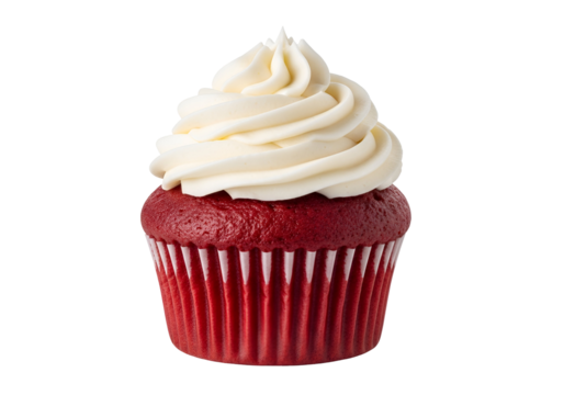 A rich red velvet cupcake with a generous swirl of creamy white frosting sits against a black backdrop.