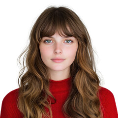 Portrait of a Young Woman with Long Wavy Hair in a Red Sweater Against a Transparent Background transparent background