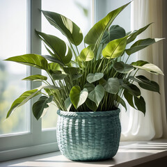 Blue ash pot with a green indoor plant placed near a window, adding natural light, cozy vibes, and modern home decor to the interior.