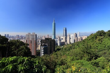 Naklejka premium Taipei City urban skyline and forest seen from Elephant Mountain. Taipei, Taiwan.