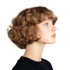 Stylish Young Woman with Short Curly Hair and Minimal Makeup Posing Portrait Against a White Background transparent background