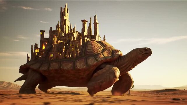 Giant tortoise carrying a city on its back in a desert landscape.