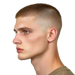 Young man with a modern buzz cut hairstyle, profile view showing clean fade and smooth skin, urban fashion background transparent background