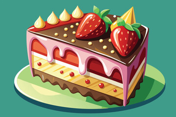 Decorated strawberry topped cake sits elegantly on a plate against a turquoise background