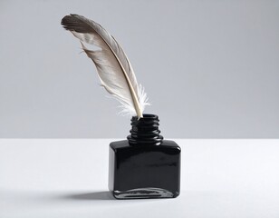 White feather quill in black ink bottle on gray background evoking classic writing and calligraphy