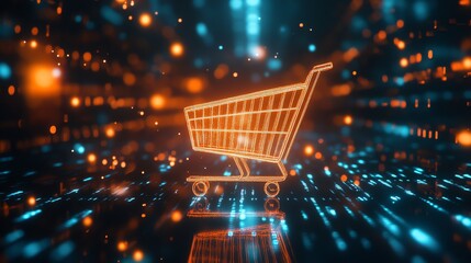 Glowing Digital Shopping Cart on Futuristic Grid