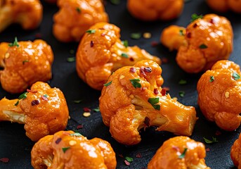 Spicy Buffalo Cauliflower Bites on Charcoal Black Background 